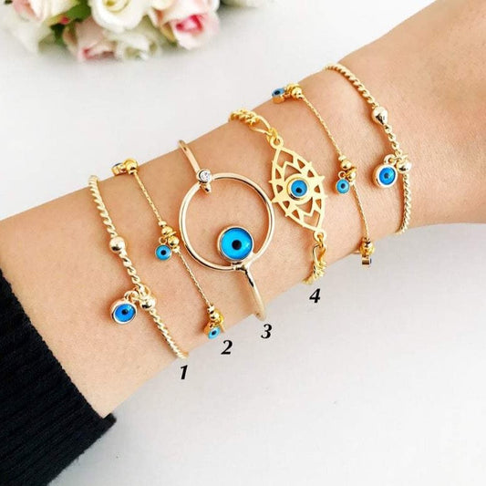 Gold Evil Eye Bracelet, Evil Eye Bangle Bracelet, Blue Evil Eye Bead